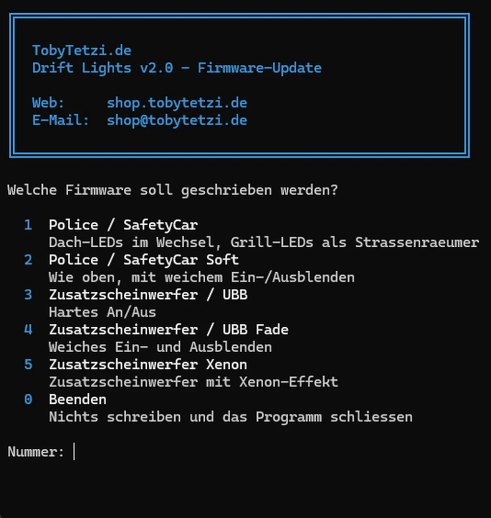 Update-Programm DR!FT L!GHTS v2.0: Auswahl der Lichtmuster
