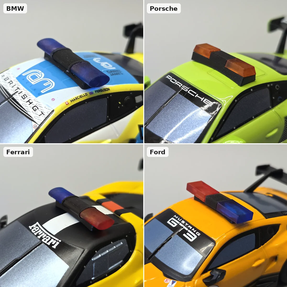 Nahaufnahmen der HYBRID Dachbalken eingebaut auf BMW (blau), Porsche (orange), Ferrari und Ford (rot/blau)