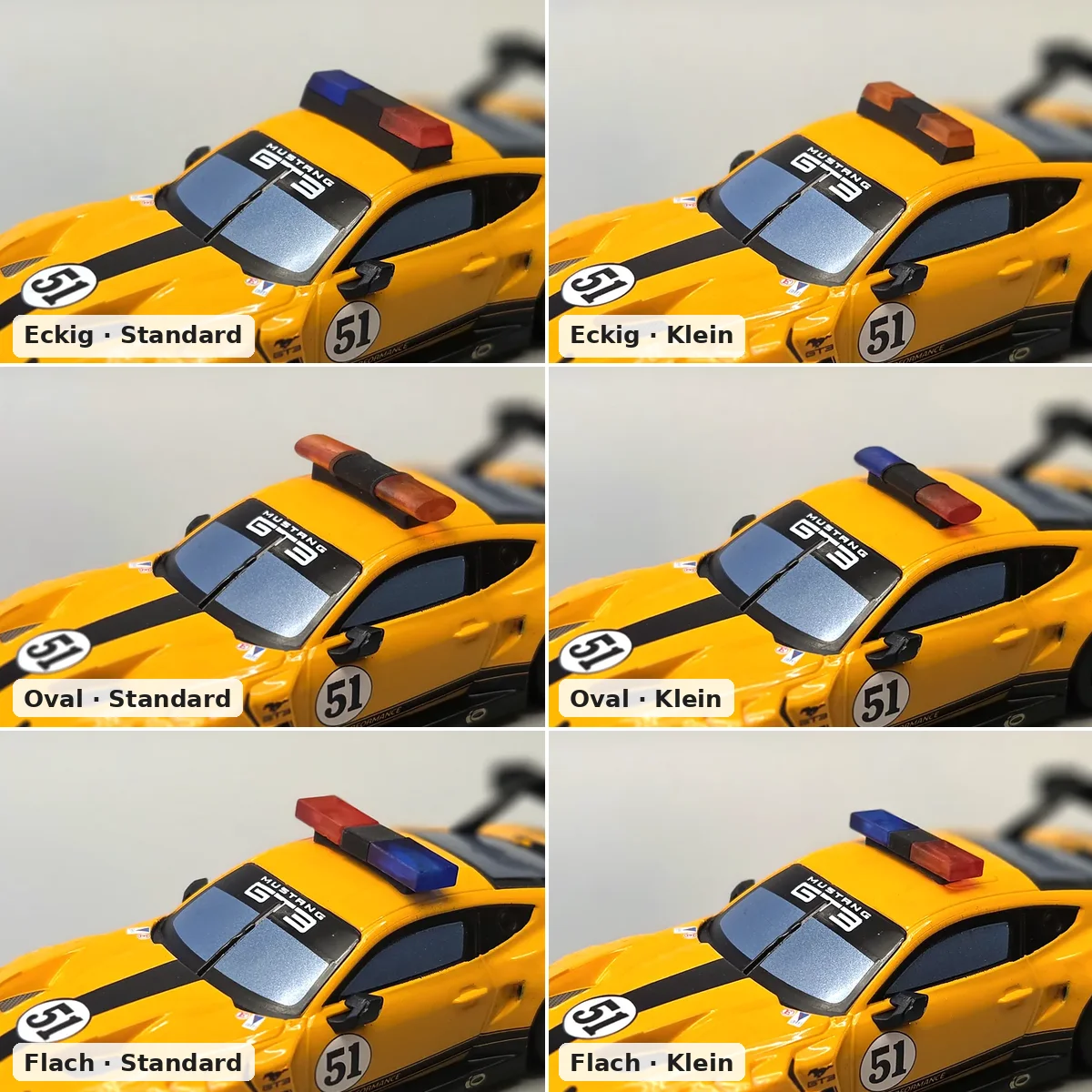 Größenvergleich am Carrera HYBRID Ford Mustang: Dachbalken eckig, oval und flach jeweils in Standard und Klein