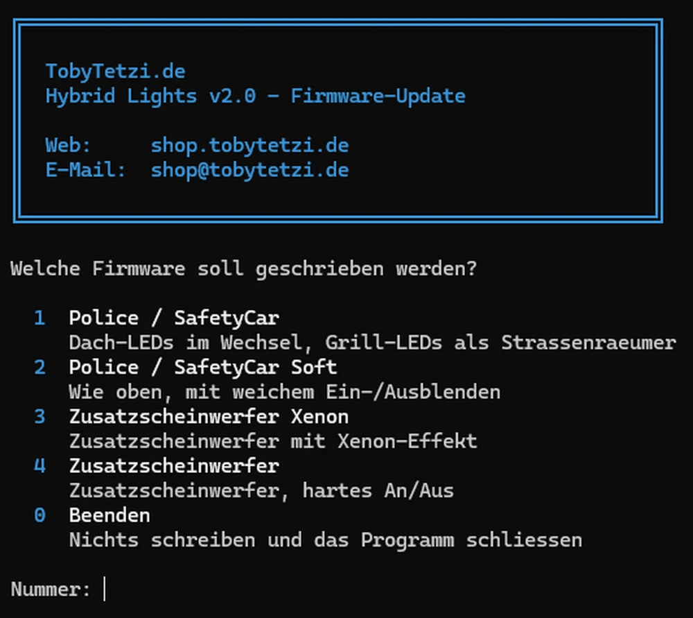 Update-Programm HYBRID L!GHTS v2.0: Auswahl der Lichtmuster