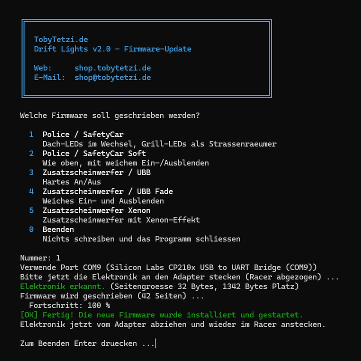 Update-Programm DR!FT L!GHTS v2.0 nach dem erfolgreichen Update: „Fertig! Die neue Firmware wurde installiert und gestartet.“